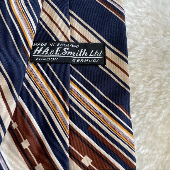 H.A.&E. Smith Ltd. Traditional Width Diagonal Striped Navy, Tan, and Brown Tie - Picture 7 of 8